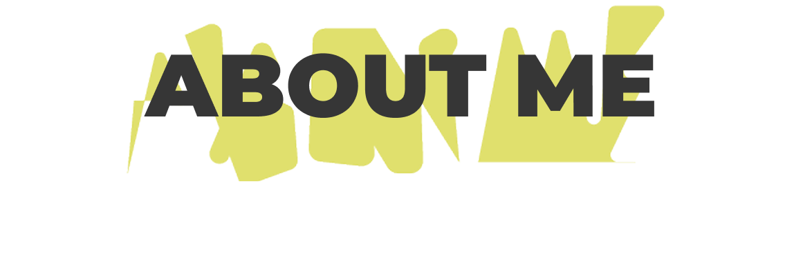 Bold, dark gray uppercase text reading 'ABOUT ME' layered over dynamic, light lime-green abstract brushstrokes on a white background.