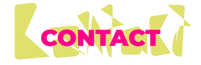 Graphic text banner displaying the word CONTACT in bold, vibrant magenta sans-serif lettering. Behind the text is an abstract composition of spiky yellow geometric shapes set against a plain white background.