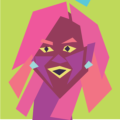 A bold, pop-art style geometric vector illustration depicting a portrait of a woman against a flat lime green background. Her face is composed of sharp, angled purple and magenta polygons, framed by vibrant pink hair rendered in blocky geometric shapes. She features yellow angular eyes with dark diamond pupils, light pink eyebrows, cyan diamond earrings, and a yellow-outlined mouth.