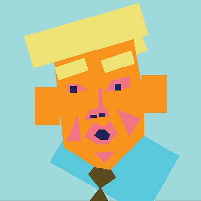 A bold, pop-art style geometric vector illustration depicting a caricature portrait of a man against a flat light cyan background. His face is constructed from angular orange and pink polygons, topped with blocky, pale yellow hair. Features include pale yellow rectangular eyebrows, dark blue square eyes set in pink sockets, pink cheek triangles, a puckered pink and blue mouth, and a light blue collar with a dark brown tie below.