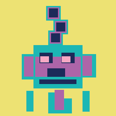 A geometric pixel-art style vector illustration depicting a stylized robot or character head set against a solid pale yellow background. Constructed from teal, purple, and dark blue blocky shapes, the character features a central head with pink rectangular eyes inside dark sockets, a dark blue nose and mouth line, rectangular side ears, and three dark blue square blocks stacked vertically above as an antenna.