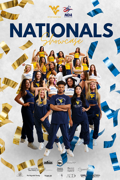 A promotional event graphic titled NATIONALS Showcase in bold navy and cursive gold typography. The center features a full group photo of the West Virginia Hip Hop Dance Team posed together in navy and yellow dance attire. Metallic gold and blue confetti streams fall across the white textured background. Logos for the WVU Hip Hop Dance Team, NDA (National Dance Alliance), and various local sponsors line the top and bottom margins of the poster.