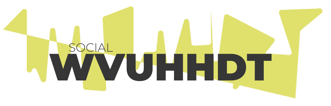 Graphic text banner displaying the word SOCIAL in a thin black sans-serif font positioned directly above WVUHHDT in bold, dark gray sans-serif lettering. The text is set against a background of spiky abstract yellow geometric shapes on a solid white field.