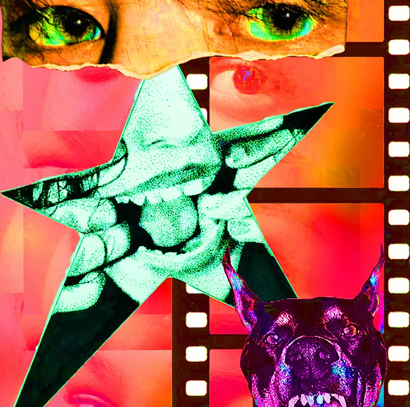 A vibrant, high-contrast mixed-media pop-art collage. Across the top is a torn paper strip showing glowing green eyes. In the center, a large star cutout filled with a halftone image of hands holding open a mouth sits against a red-orange film strip strip background. In the bottom-right corner, a purple-tinted snarling dog with bared teeth looks toward the viewer.