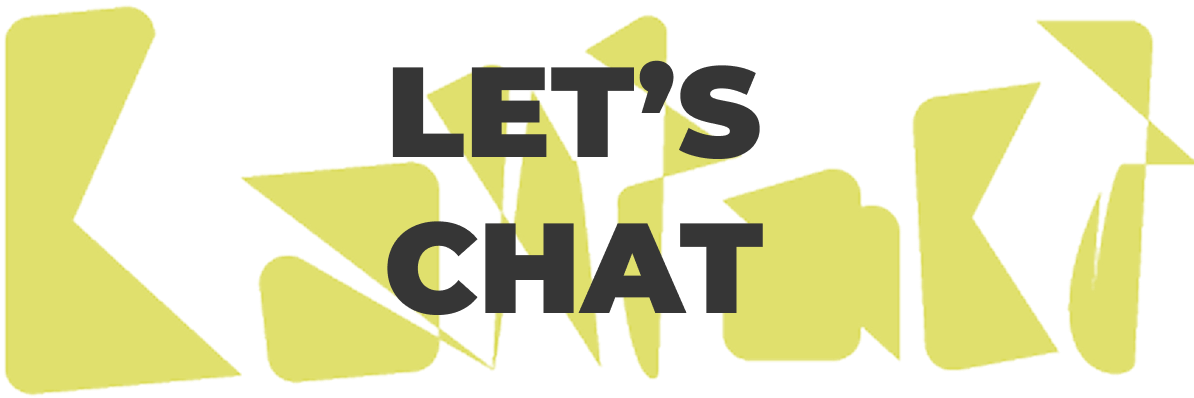 A website section banner graphic featuring the words LET'S CHAT stacked centrally in a bold, dark gray sans-serif font. Behind the text lies a horizontal arrangement of abstract, geometric yellow shapes with sharp angles and rounded cutouts set against a solid white background.