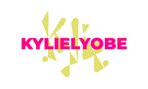Personal brand logo graphic displaying the name KYLIELYOBE written in bold, all-caps magenta sans-serif lettering. The text is layered over abstract, spiky, and curved yellow geometric forms set against a plain white background