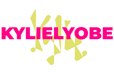 Personal brand logo graphic displaying the name KYLIELYOBE written in bold, all-caps magenta sans-serif lettering. The text is layered over abstract, spiky, and curved yellow geometric forms set against a plain white background