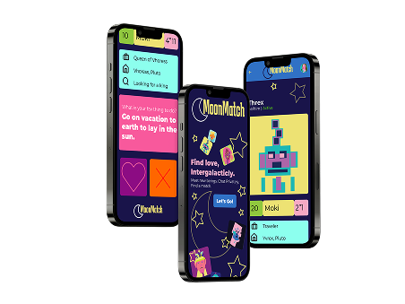 A graphic design mockup displaying three smartphones floating against a white background, showcasing UI designs for a mobile app called MoonMatch. The center phone displays a splash screen reading Find love, Intergalactically. with a crescent moon logo and colorful character cards floating in deep blue space. The flanking phones show profile views with user stats, prompt answers, action buttons for liking or passing, and avatar portraits featuring geometric alien artwork.
