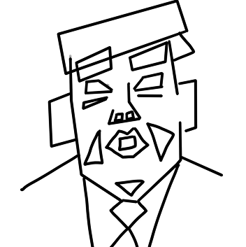 A black-and-white minimalist digital vector illustration depicting a portrait in a cubist or geometric style. The head, hair, eyebrows, eyes, nose, lips, cheeks, and necktie are formed entirely of sharp-angled polygons, rectangles, and triangles, set against a plain white background.