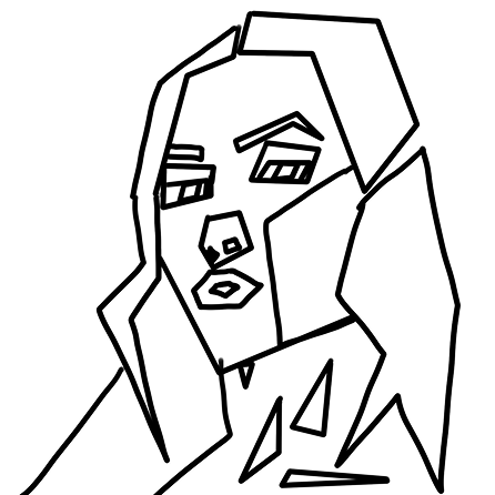 A black-and-white cubist line illustration depicting a woman's portrait in three-quarter view. Heavy, sharp-angled black lines form her long, jagged hair framing a face constructed from geometric shapes, featuring stylized eyebrows, angular eyelids, a blocky nose, and contoured lips on a solid white background.