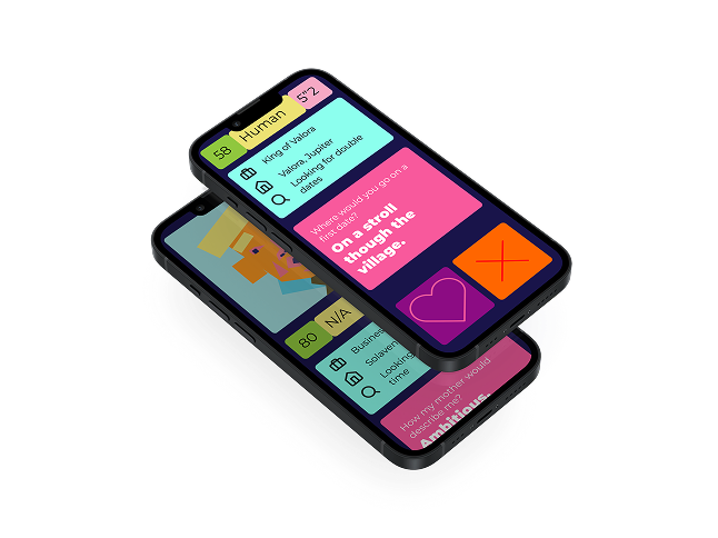 Two black smartphones angled diagonally against a white background, showing profile screens from an intergalactic dating app. The top phone shows a profile for a 58-year-old Human located on Jupiter, featuring colorful bio cards, a first-date prompt, and purple heart and orange cross action buttons. The phone beneath displays another profile card with an illustrated avatar and bio details.