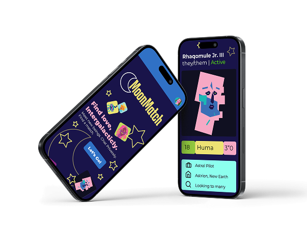 Two black smartphones set against a white background with soft drop shadows. The phone on the left rests at a diagonal angle, displaying the MoonMatch welcome screen with yellow star graphics, avatar icons, and the tagline Find love, Intergalacticly. The upright phone on the right displays a profile for an Astral Pilot named Rhaqomule Jr. III with a stylized, geometric alien illustration, pronouns, age, height, and location New Earth.