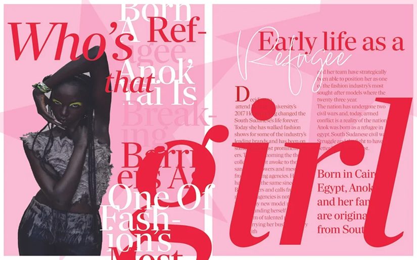 A pink-themed magazine layout spread featuring model Anok Yai posing on the left in a textured top with neon eye makeup. Large, overlapping red and white typography sprawls across both pages with phrases like Who's that girl and Born A Refugee. The right page contains body copy detailing her early life under the header Early life as a Refugee overlaying geometric star background patterns.