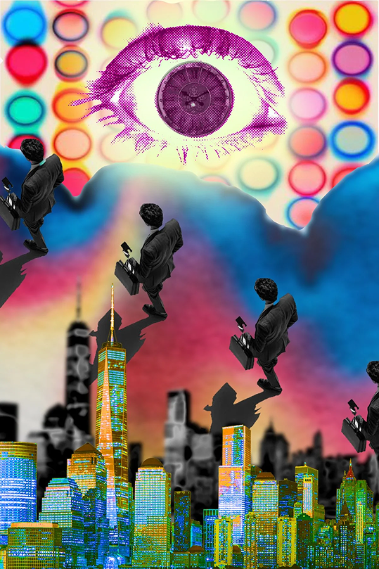 A vibrant surrealist pop-art collage. In the foreground, brightly illuminated, colorful skyscrapers rise above a dark, monochrome city backdrop. Above the skyline, identical black-and-white figures of businessmen carrying briefcases walk across a gradient sky. Floating above the scene is a large halftone purple eye with a clock face as its iris, set against a background pattern of colorful blurred polka dots.