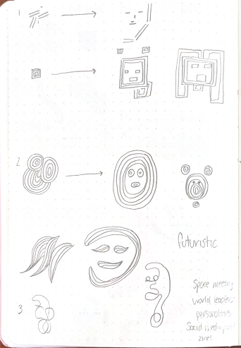 A page from a dot-grid sketchpad filled with numbered graphite pencil concept sketches. Sections 1, 2, and 3 show progression sequences where abstract shapes, line hatches, concentric rings, and fluid curves transition into stylized geometric faces and figures. Handwritten notes on the bottom right side include the word Futuristic and ideas such as Space meeting, world leaders, personalities, Social media post?, and zine?.