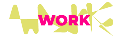 Graphic text graphic displaying the word WORK in bold, vibrant magenta sans-serif lettering. Behind the text is an abstract background of spiky and rounded yellow geometric shapes against a solid white background.