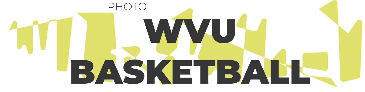 A portfolio header banner graphic featuring the small label PHOTO in thin, light sans-serif font centered above the title WVU BASKETBALL, which is rendered in bold, heavy dark gray typography. The text is layered over a horizontal band of abstract, geometric yellow shapes set against a plain white background.