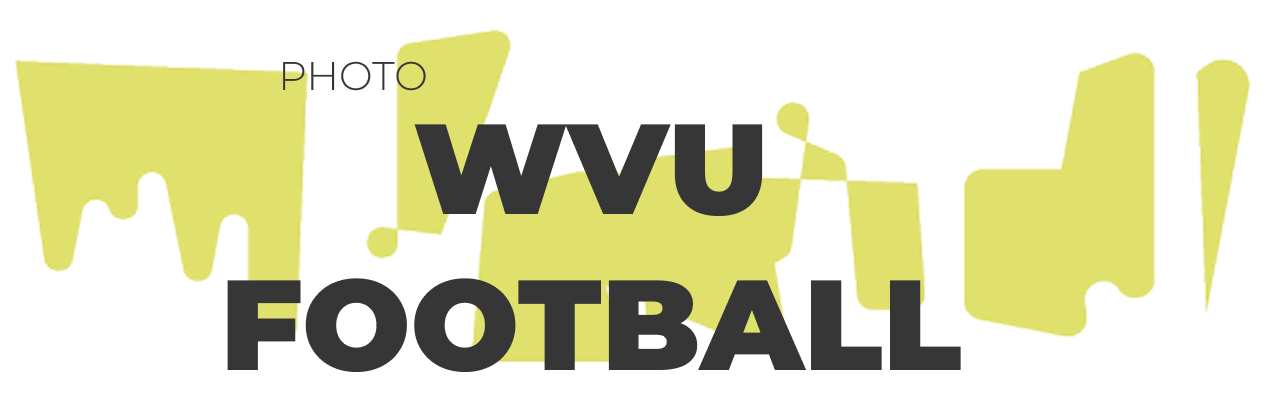 Graphic text banner displaying the word PHOTO in a thin black sans-serif font positioned above WVU FOOTBALL written in bold, dark gray sans-serif lettering. The text is set against a background of spiky and rounded yellow abstract shapes on a solid white field.